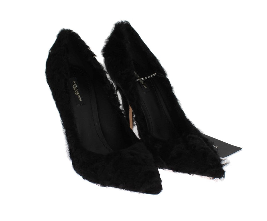 Dolce & Gabbana Black Xiangao Lamb Fur Leather Pumps Curated Luxury Accessories by Orvyn