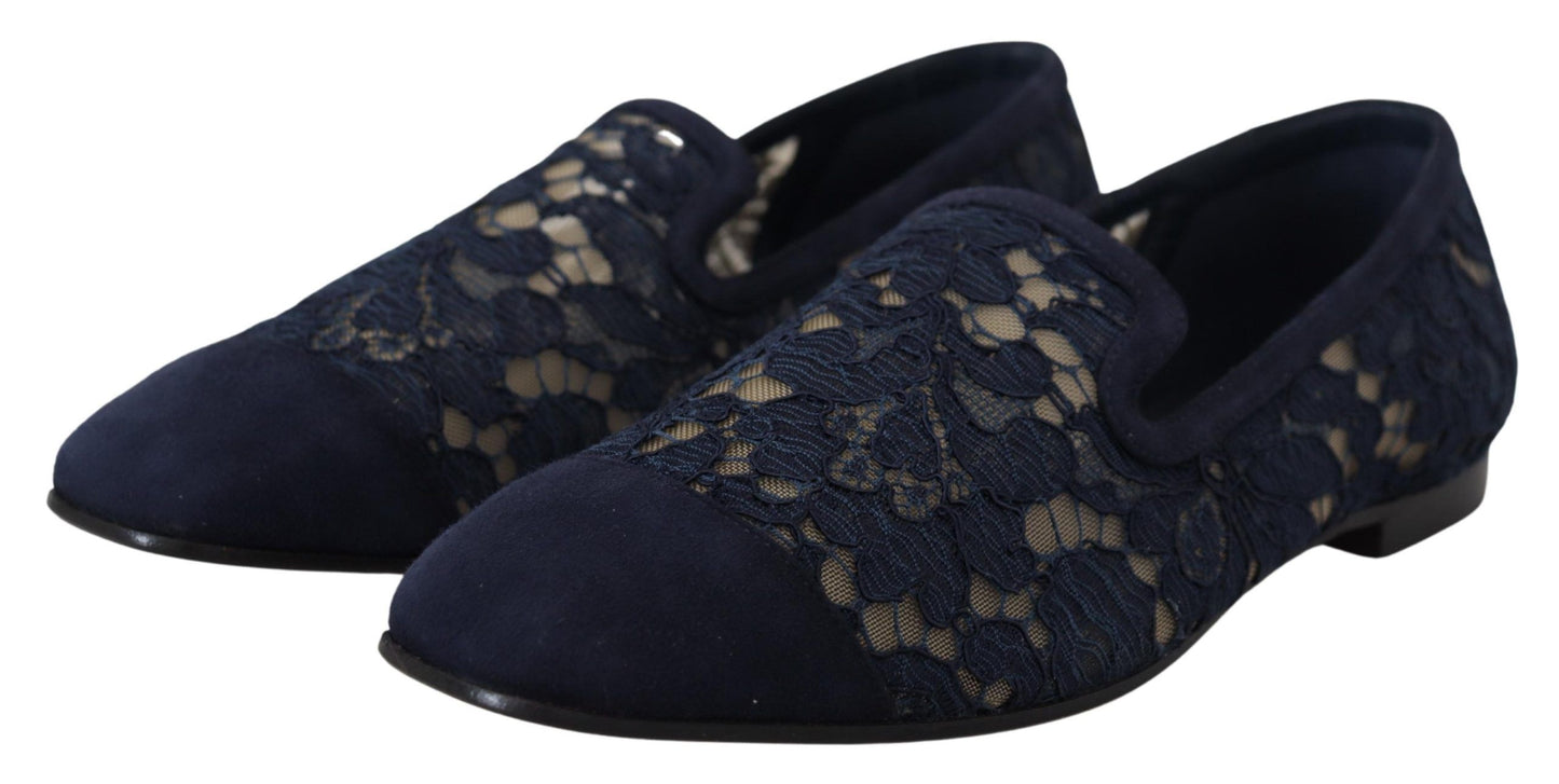 Dolce & Gabbana Blue Floral Lace Slip Ons Loafers Flats Shoes Curated Luxury Accessories by Orvyn