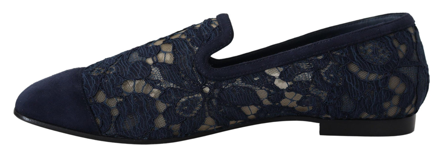 Dolce & Gabbana Blue Floral Lace Slip Ons Loafers Flats Shoes Curated Luxury Accessories by Orvyn