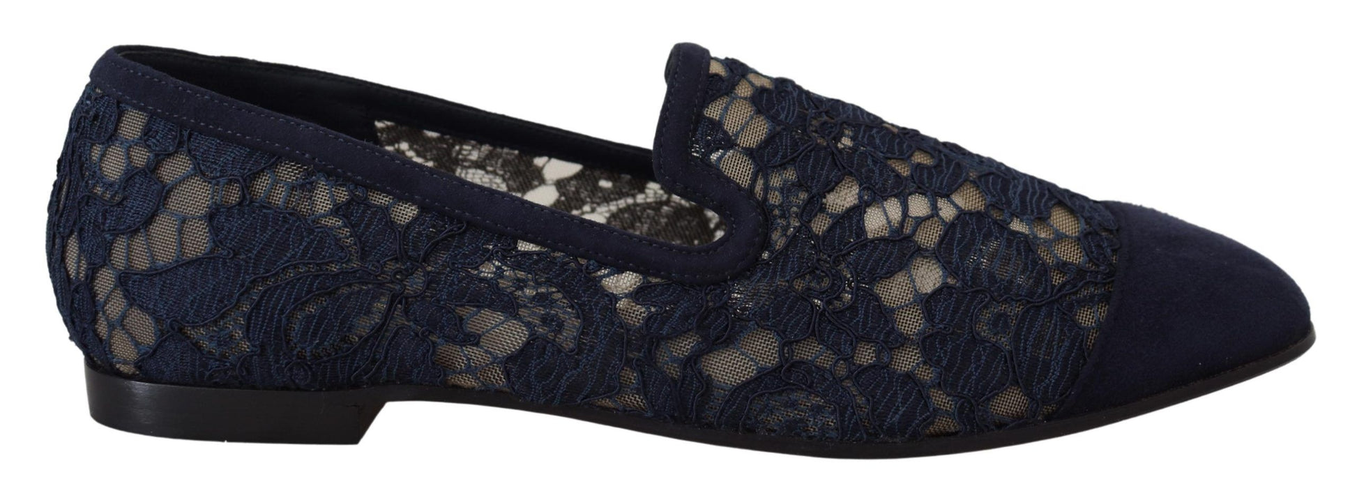 Dolce & Gabbana Blue Floral Lace Slip Ons Loafers Flats Shoes Curated Luxury Accessories by Orvyn