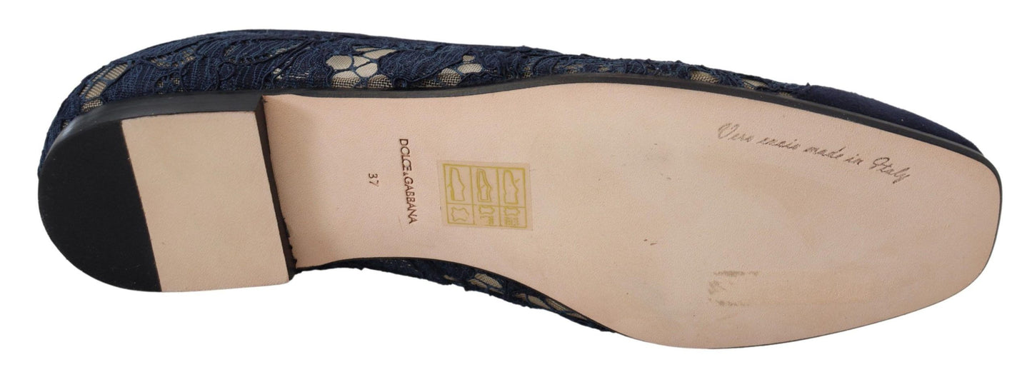 Dolce & Gabbana Blue Floral Lace Slip Ons Loafers Flats Shoes Curated Luxury Accessories by Orvyn