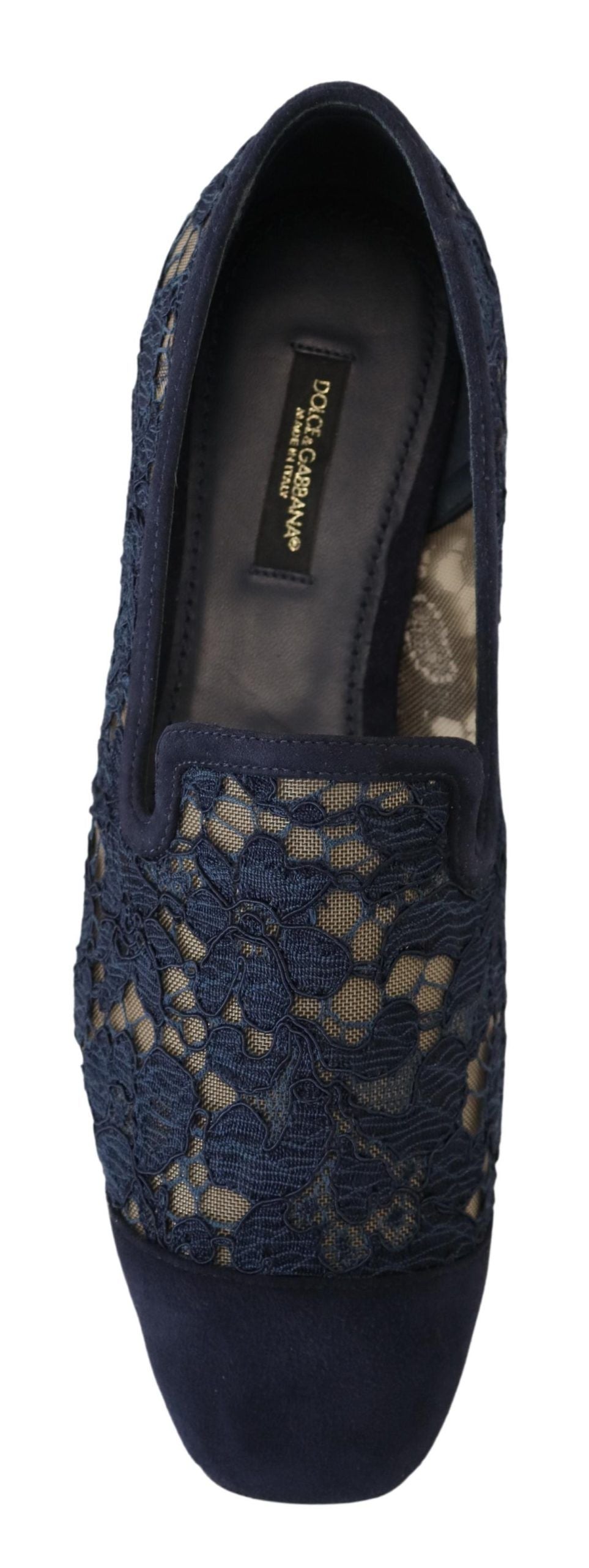 Dolce & Gabbana Blue Floral Lace Slip Ons Loafers Flats Shoes Curated Luxury Accessories by Orvyn
