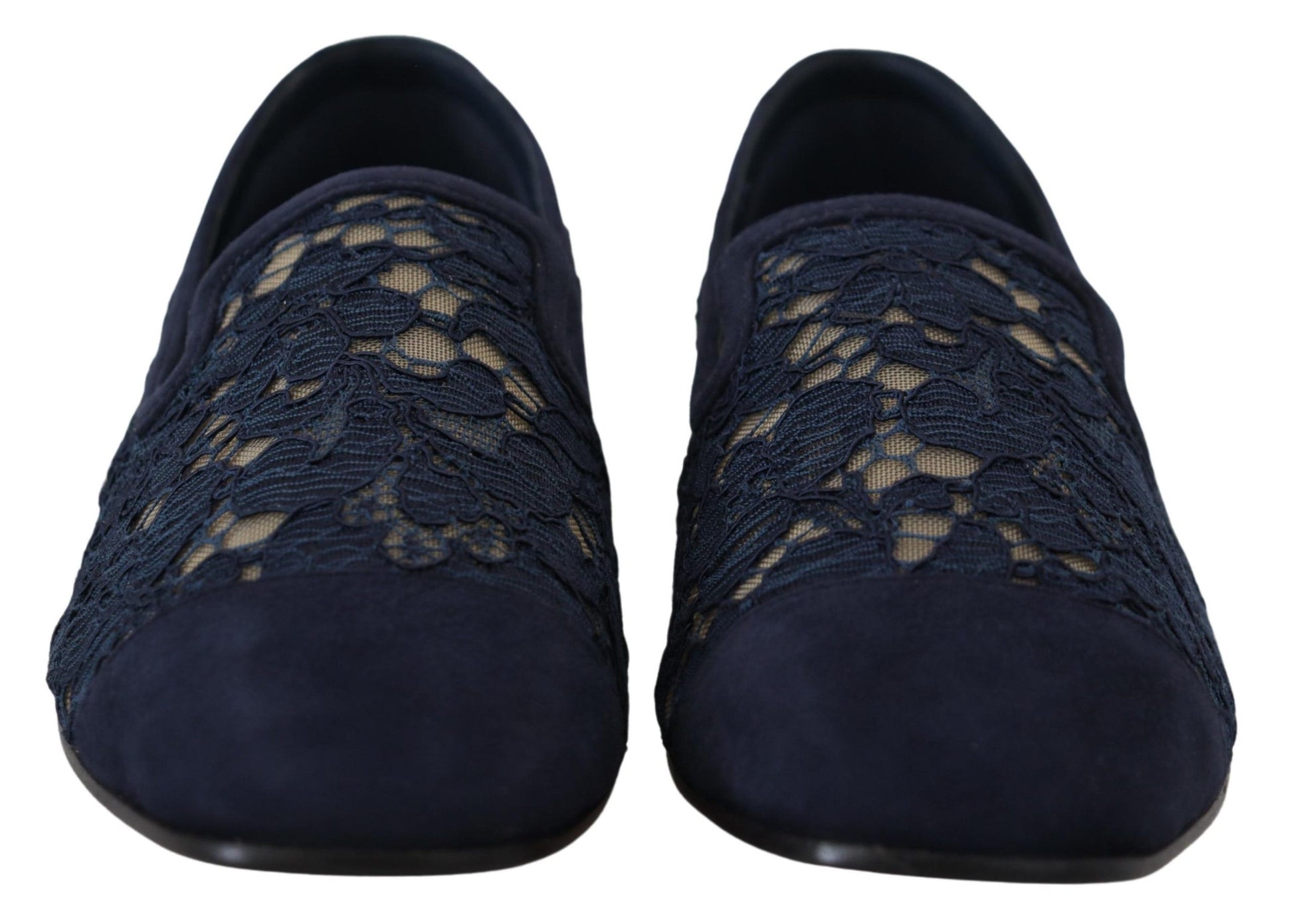 Dolce & Gabbana Blue Floral Lace Slip Ons Loafers Flats Shoes Curated Luxury Accessories by Orvyn