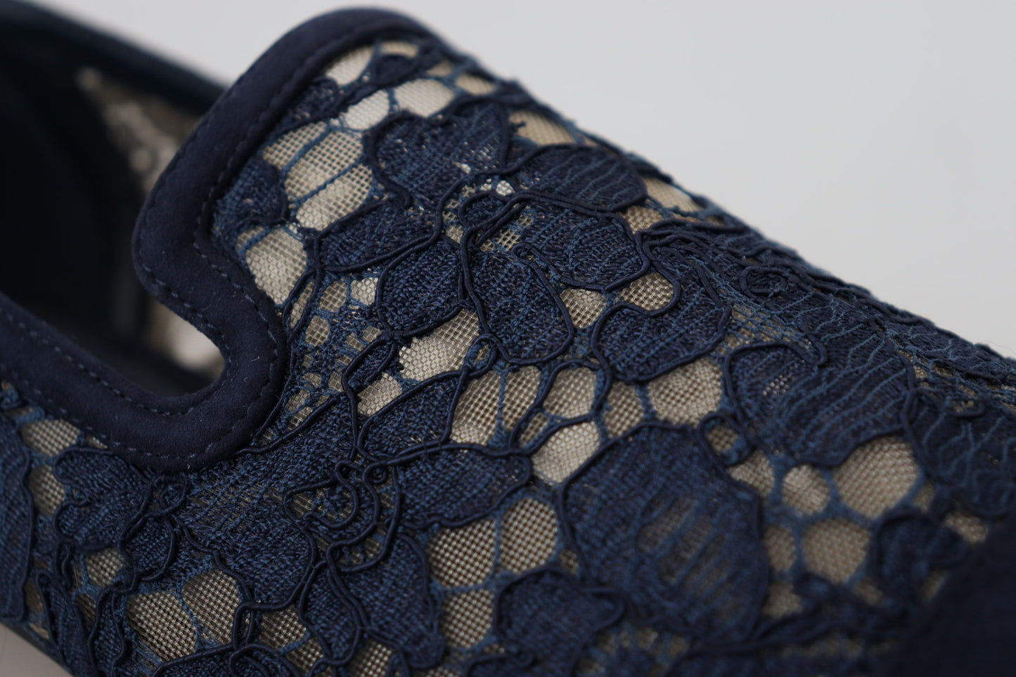 Dolce & Gabbana Blue Floral Lace Slip Ons Loafers Flats Shoes Curated Luxury Accessories by Orvyn