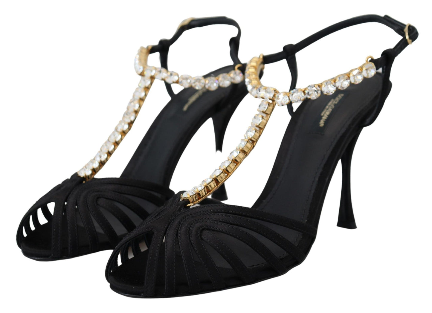 Dolce & Gabbana Black Satin Clear Crystal T-strap Sandal Shoes Curated Luxury Accessories by Orvyn
