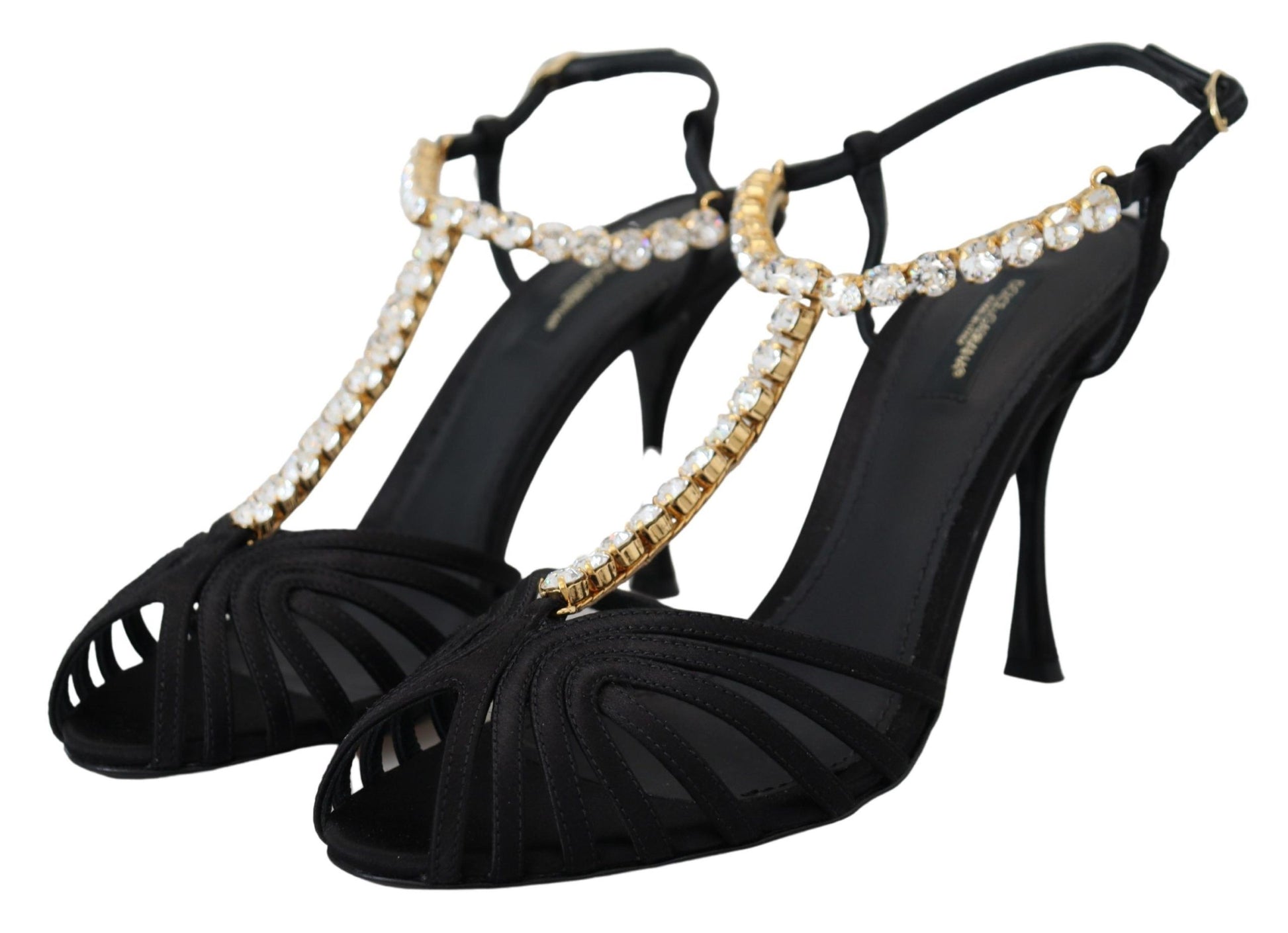 Dolce & Gabbana Black Satin Clear Crystal T-strap Sandal Shoes Curated Luxury Accessories by Orvyn