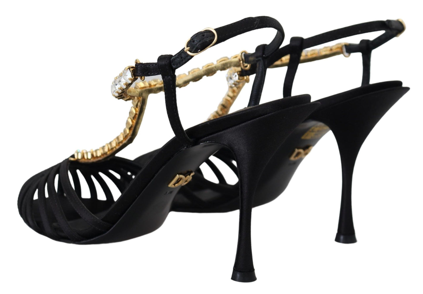 Dolce & Gabbana Black Satin Clear Crystal T-strap Sandal Shoes Curated Luxury Accessories by Orvyn