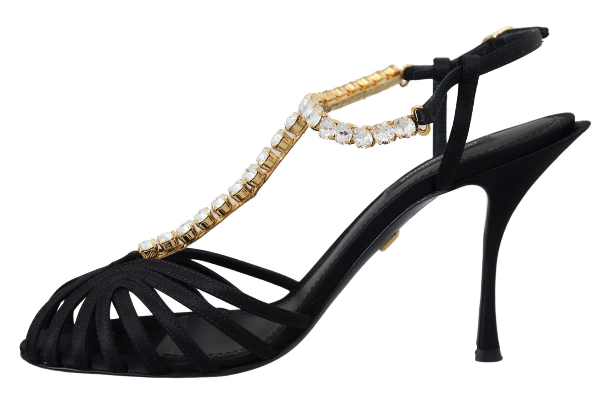 Dolce & Gabbana Black Satin Clear Crystal T-strap Sandal Shoes Curated Luxury Accessories by Orvyn