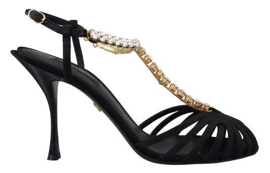 Dolce & Gabbana Black Satin Clear Crystal T-strap Sandal Shoes Curated Luxury Accessories by Orvyn