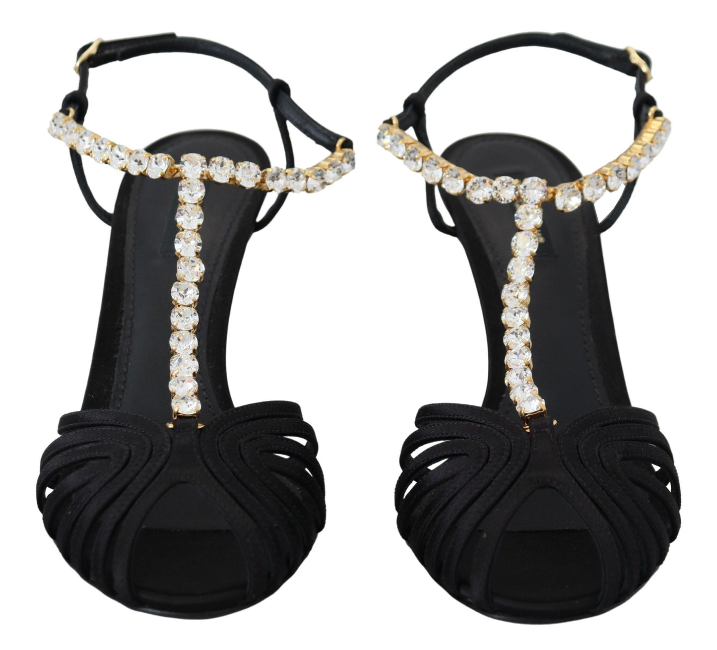 Dolce & Gabbana Black Satin Clear Crystal T-strap Sandal Shoes Curated Luxury Accessories by Orvyn