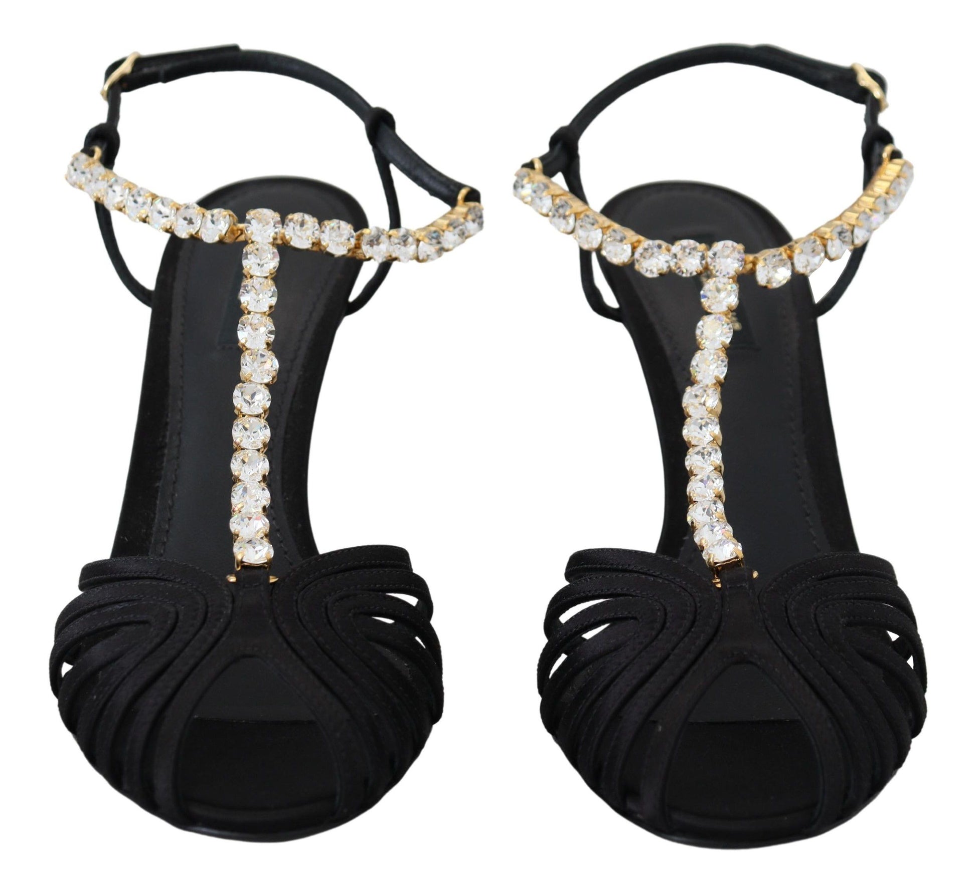 Dolce & Gabbana Black Satin Clear Crystal T-strap Sandal Shoes Curated Luxury Accessories by Orvyn