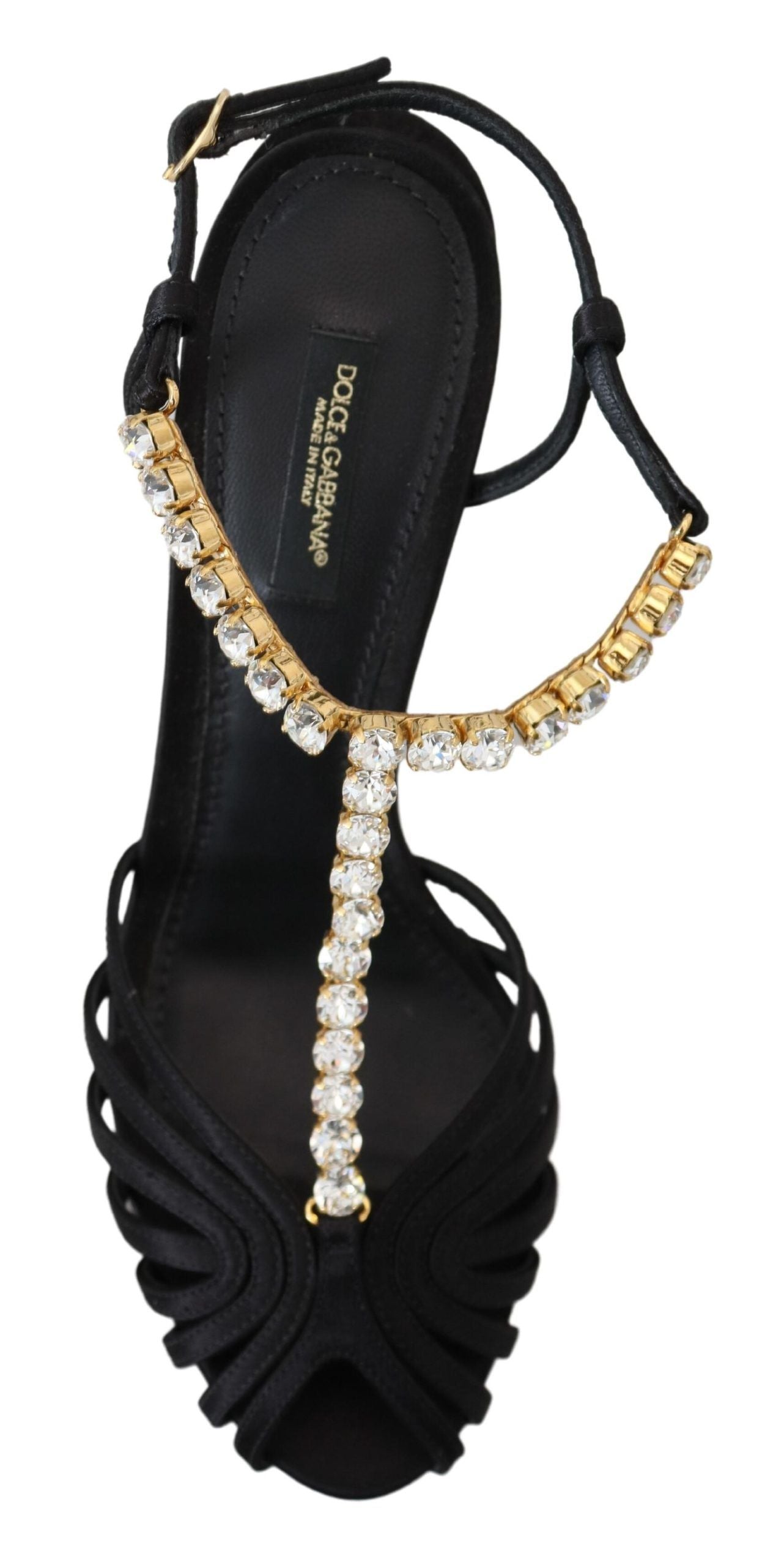 Dolce & Gabbana Black Satin Clear Crystal T-strap Sandal Shoes Curated Luxury Accessories by Orvyn