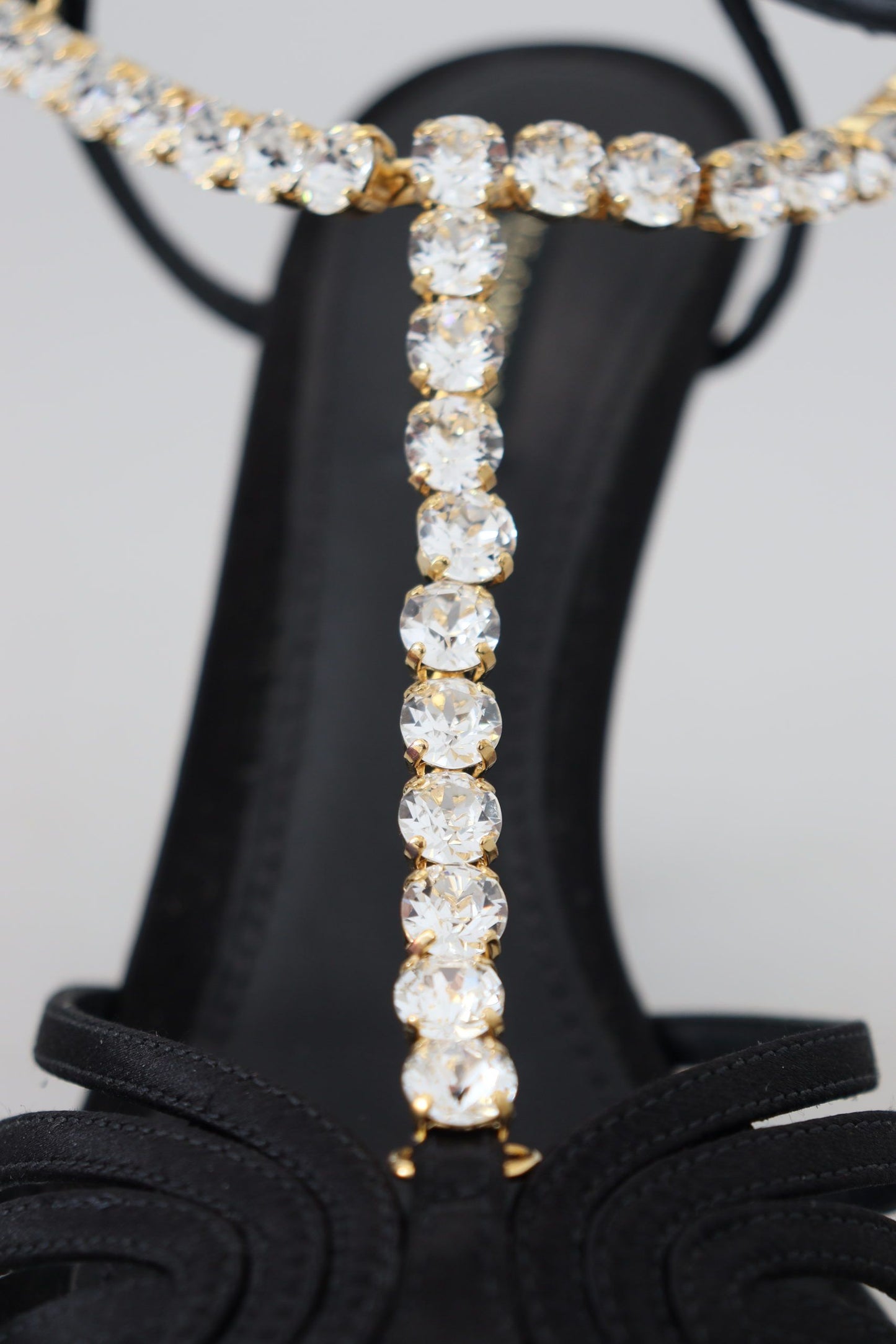 Dolce & Gabbana Black Satin Clear Crystal T-strap Sandal Shoes Curated Luxury Accessories by Orvyn