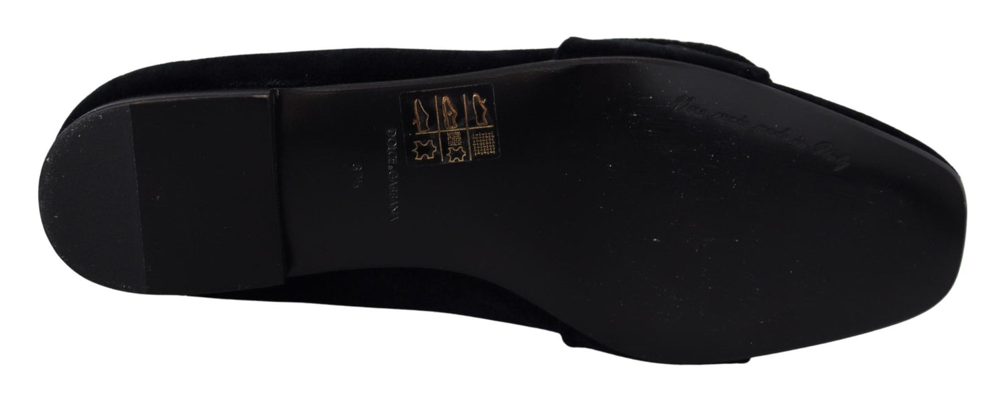 Dolce & Gabbana Black Velvet Crystals Loafers Flats Shoes schwarz
