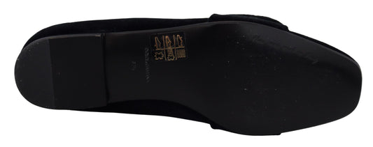 Dolce & Gabbana Black Velvet Crystals Loafers Flats Shoes schwarz