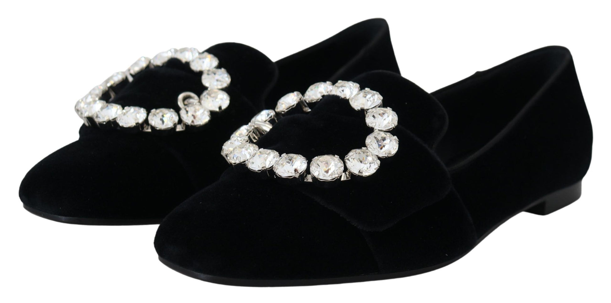 Dolce & Gabbana Black Velvet Crystals Loafers Flats Shoes schwarz