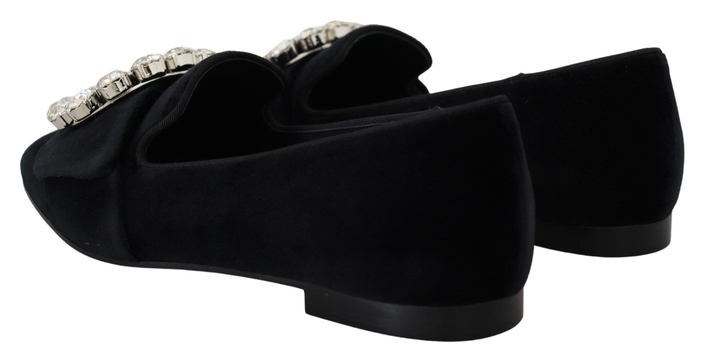 Dolce & Gabbana Black Velvet Crystals Loafers Flats Shoes schwarz