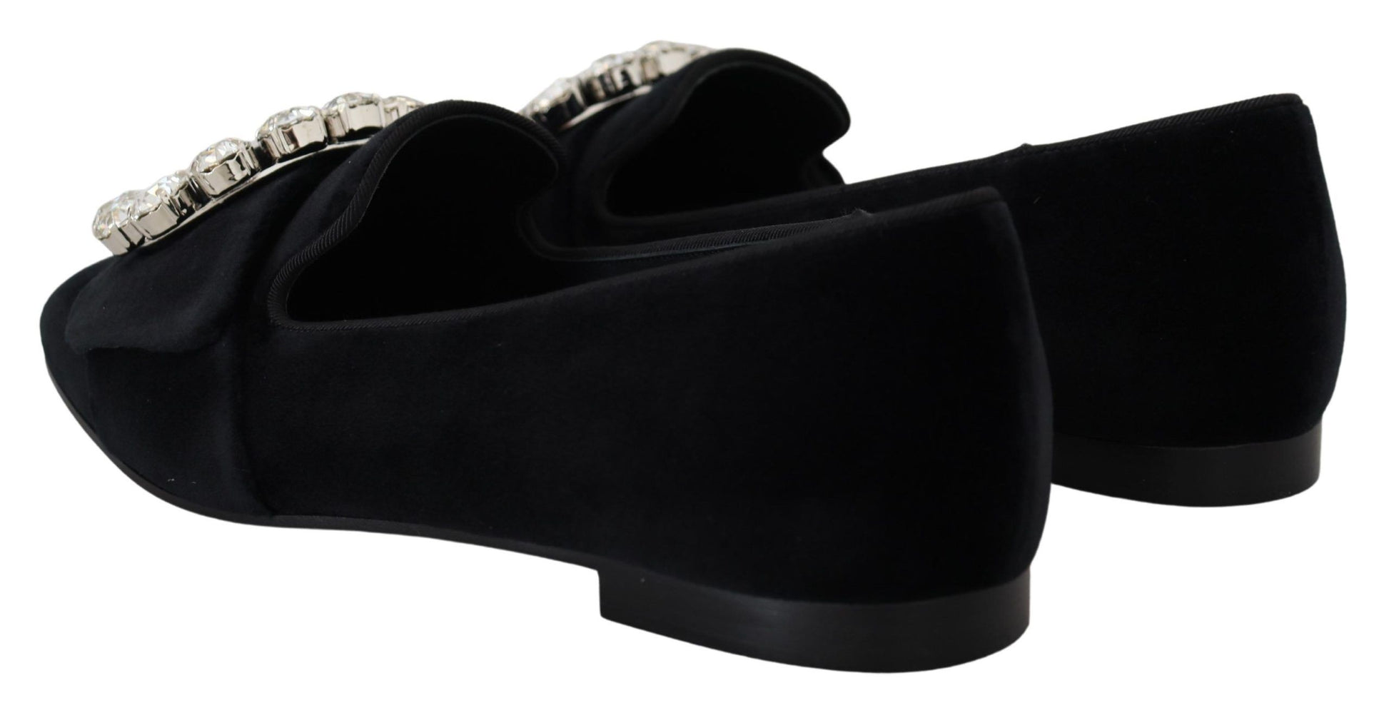 Dolce & Gabbana Black Velvet Crystals Loafers Flats Shoes schwarz