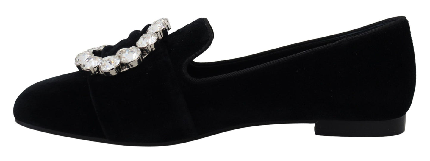 Dolce & Gabbana Black Velvet Crystals Loafers Flats Shoes schwarz