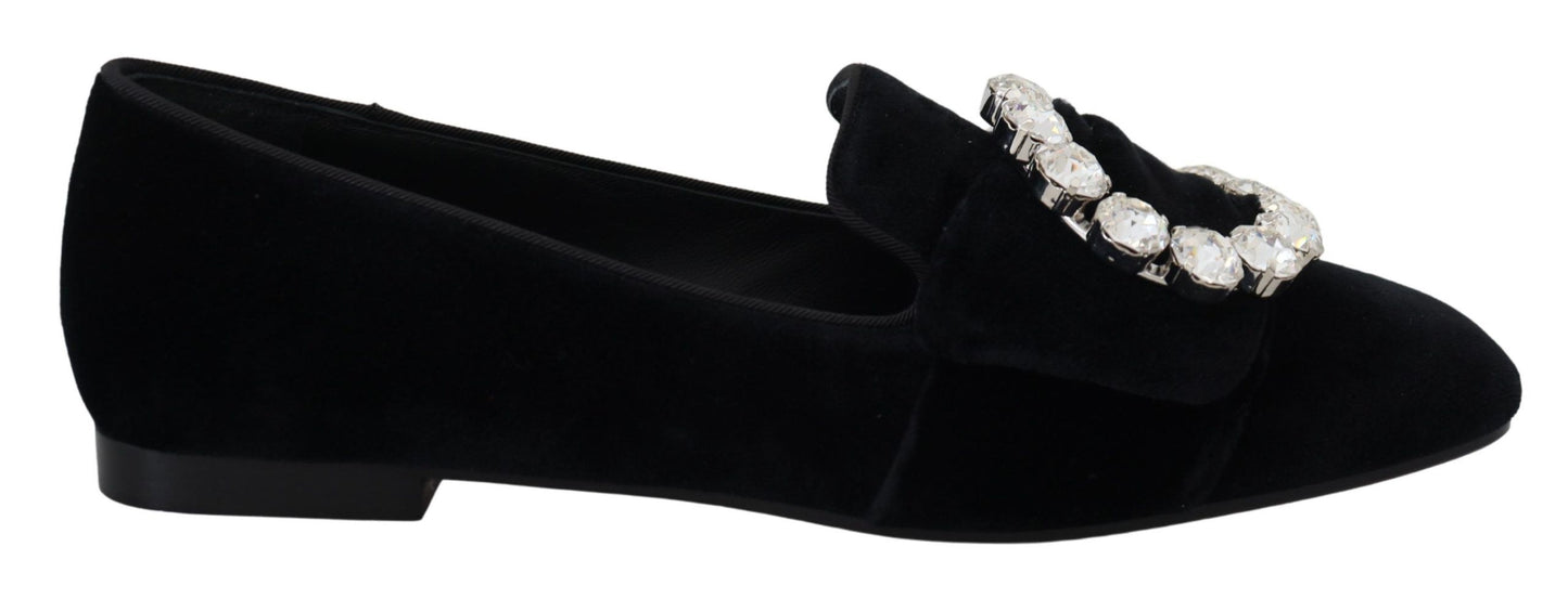 Dolce & Gabbana Black Velvet Crystals Loafers Flats Shoes schwarz