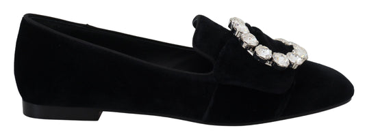 Dolce & Gabbana Black Velvet Crystals Loafers Flats Shoes schwarz