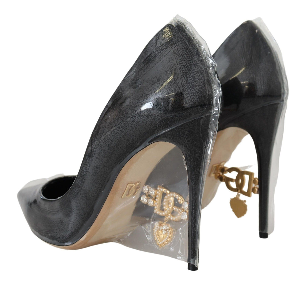 Dolce & Gabbana Black Leather Heels Pumps Plastic Wrapped Shoes schwarz