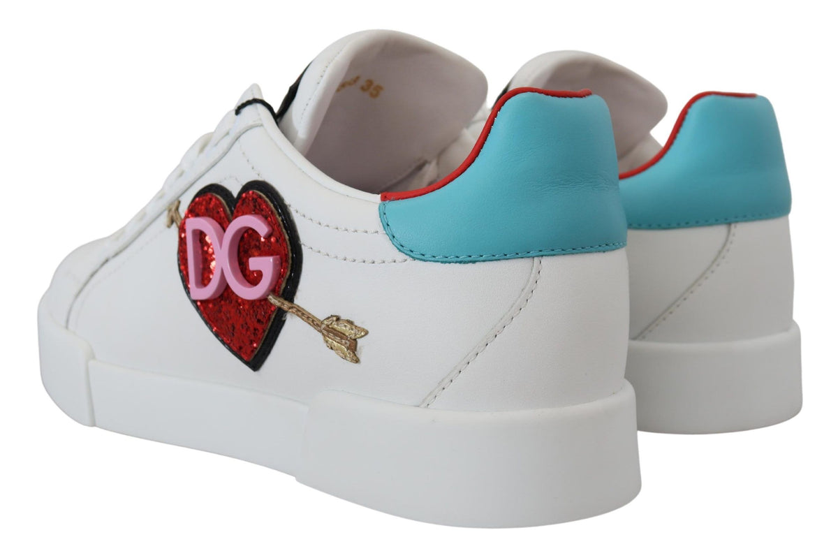 Dolce & Gabbana White Leather Sneaker Portofino Logo Heart Shoes weiss