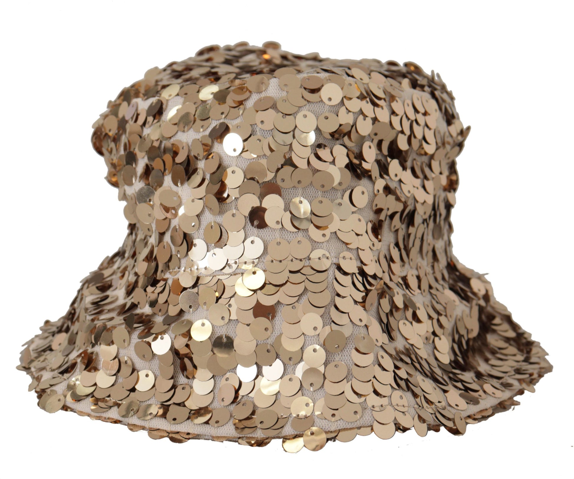 Dolce & Gabbana Gold Silk Sequin Embellished Designer Brim Bucket Hat Curated Luxury Accessories by Orvyn