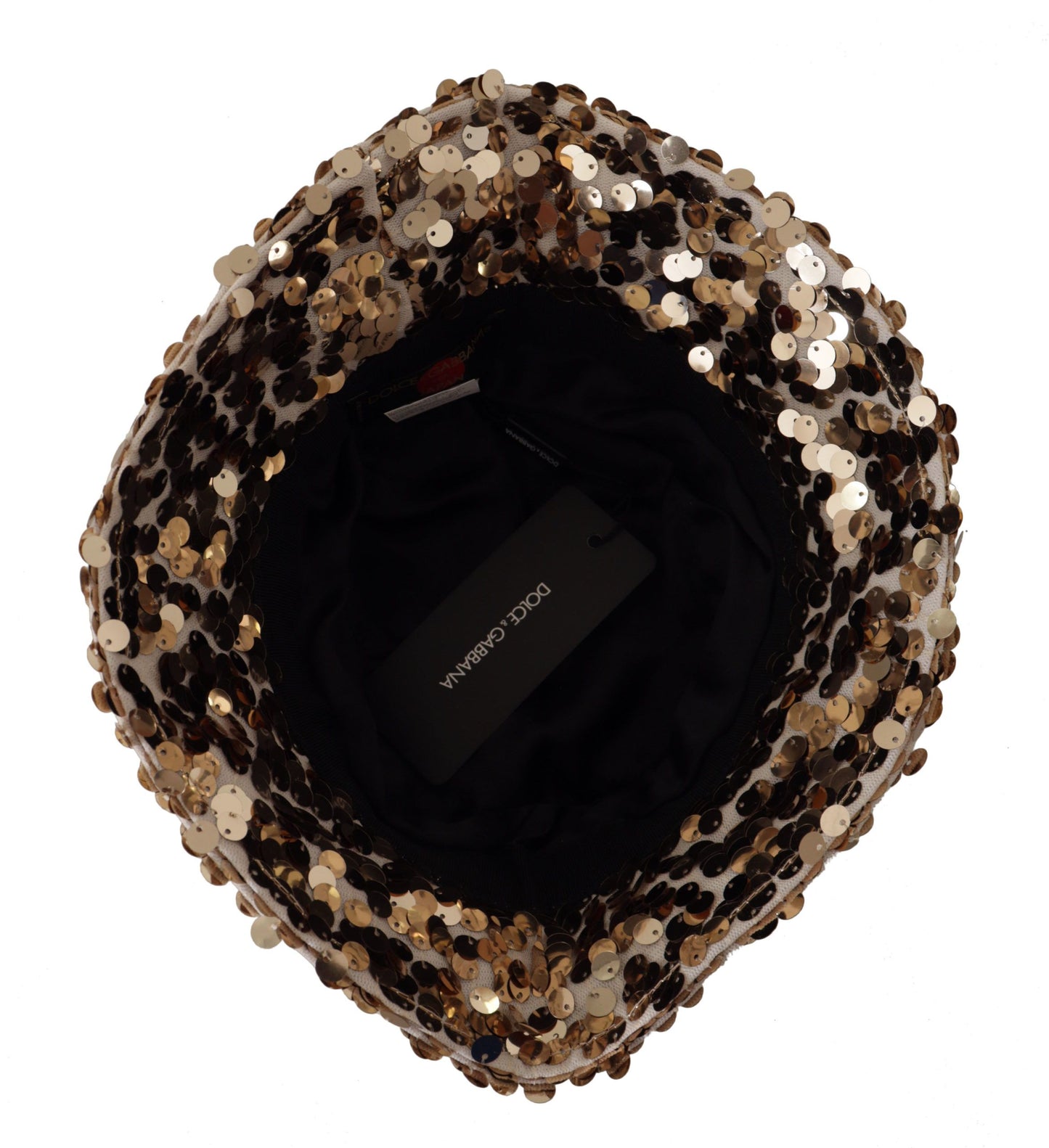 Dolce & Gabbana Gold Silk Sequin Embellished Designer Brim Bucket Hat Curated Luxury Accessories by Orvyn