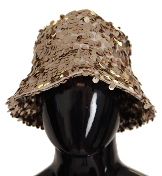 Dolce & Gabbana Gold Silk Sequin Embellished Designer Brim Bucket Hat Curated Luxury Accessories by Orvyn