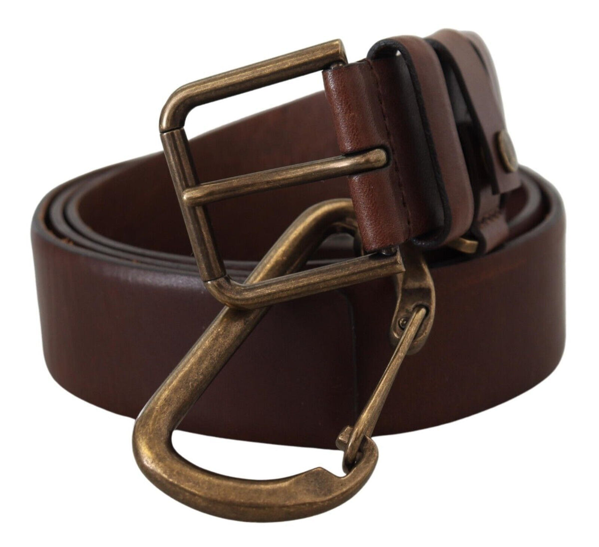 Dolce & Gabbana Brown Leather Gold Metal Buckle Carabiner Belt braun