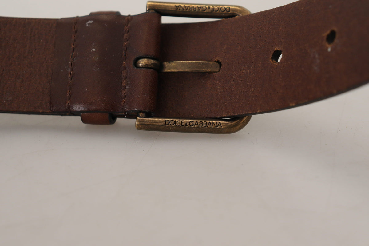 Dolce & Gabbana Brown Leather Gold Metal Buckle Carabiner Belt braun