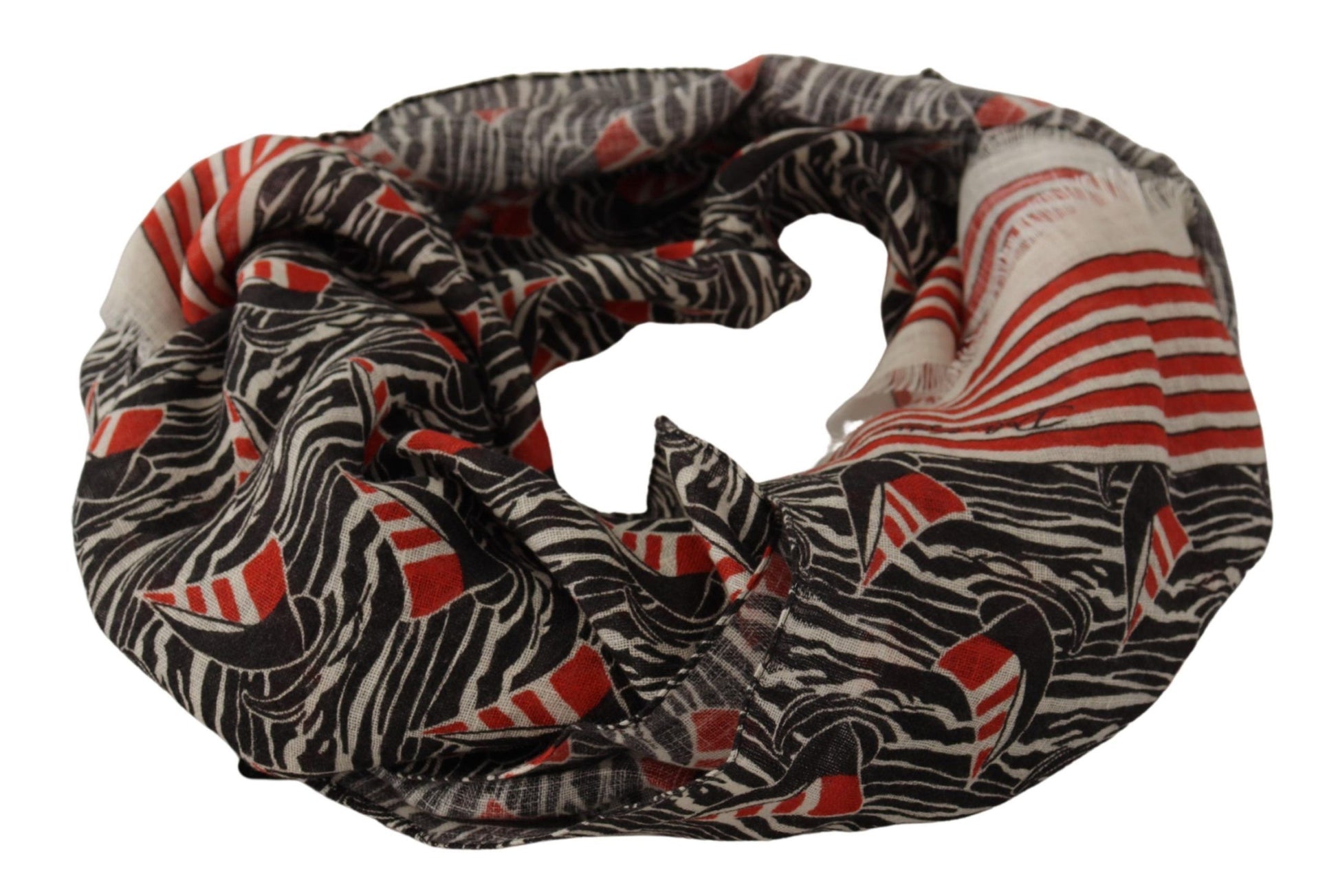 Dolce & Gabbana Black Red Linen Sailboat Stripe Print Shawl Scarf Curated Luxury Accessories by Orvyn