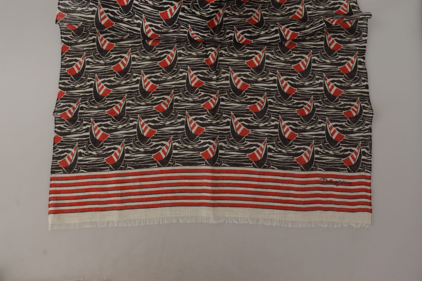 Dolce & Gabbana Black Red Linen Sailboat Stripe Print Shawl Scarf Curated Luxury Accessories by Orvyn
