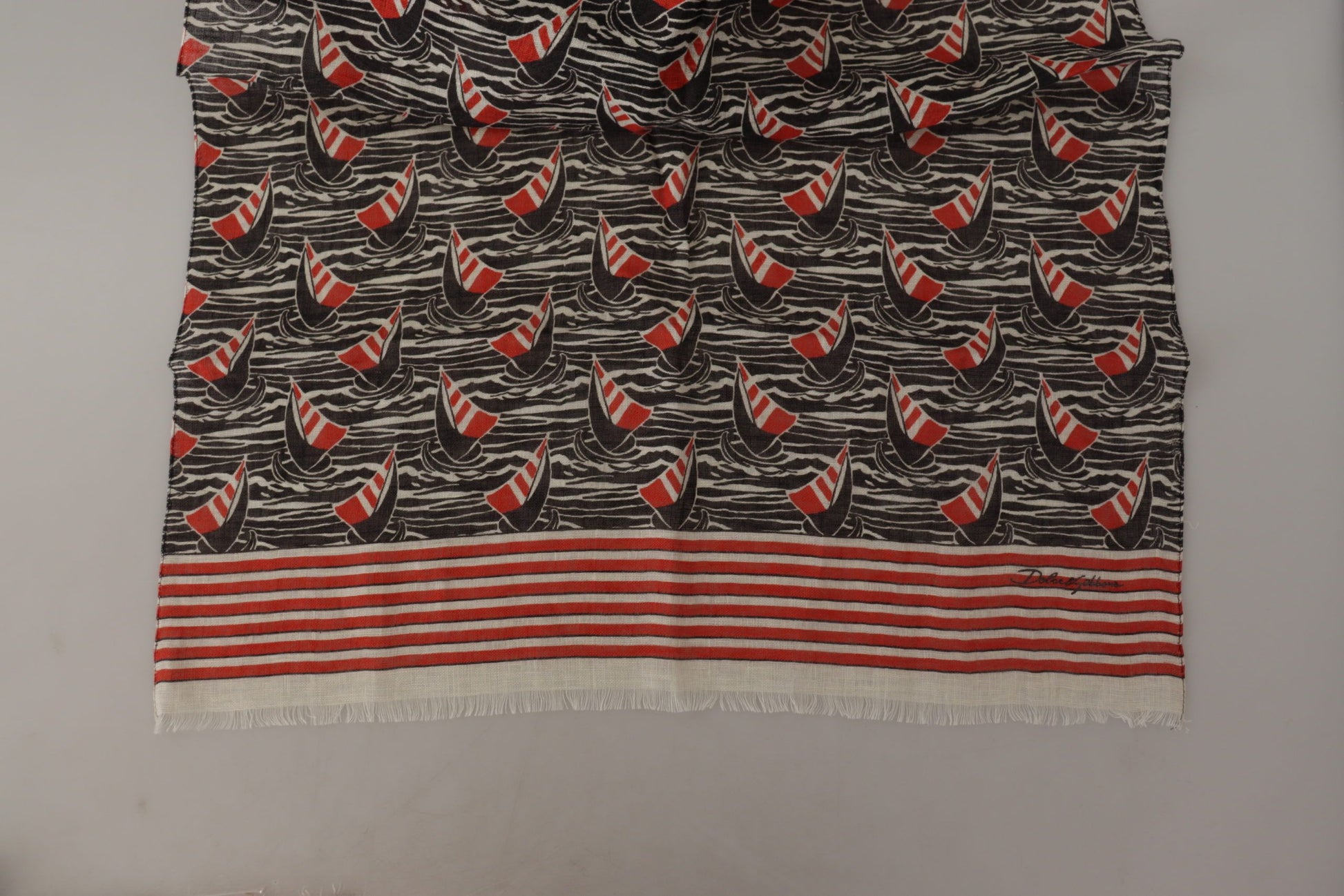 Dolce & Gabbana Black Red Linen Sailboat Stripe Print Shawl Scarf Curated Luxury Accessories by Orvyn