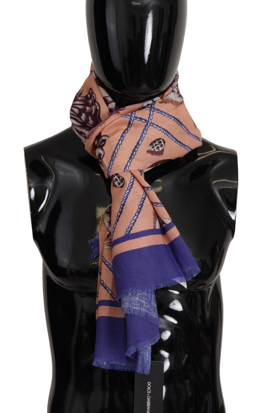 Dolce & Gabbana Blue Linen Seashell Pattern Mens Wrap Shawl Scarf Curated Luxury Accessories by Orvyn