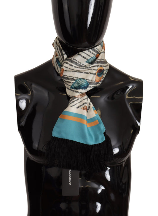 Dolce & Gabbana Multicolor Seashells DG Print Silk Shawl Fringe Scarf Curated Luxury Accessories by Orvyn