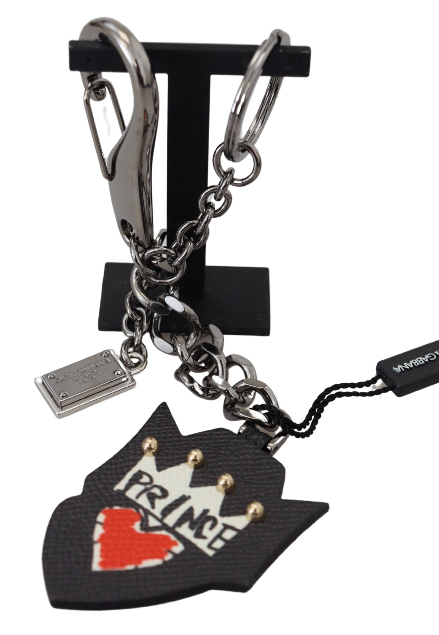 Dolce & Gabbana Black Prince Studs Logo Silver Brass Keychain Curated Luxury Accessories by Orvyn