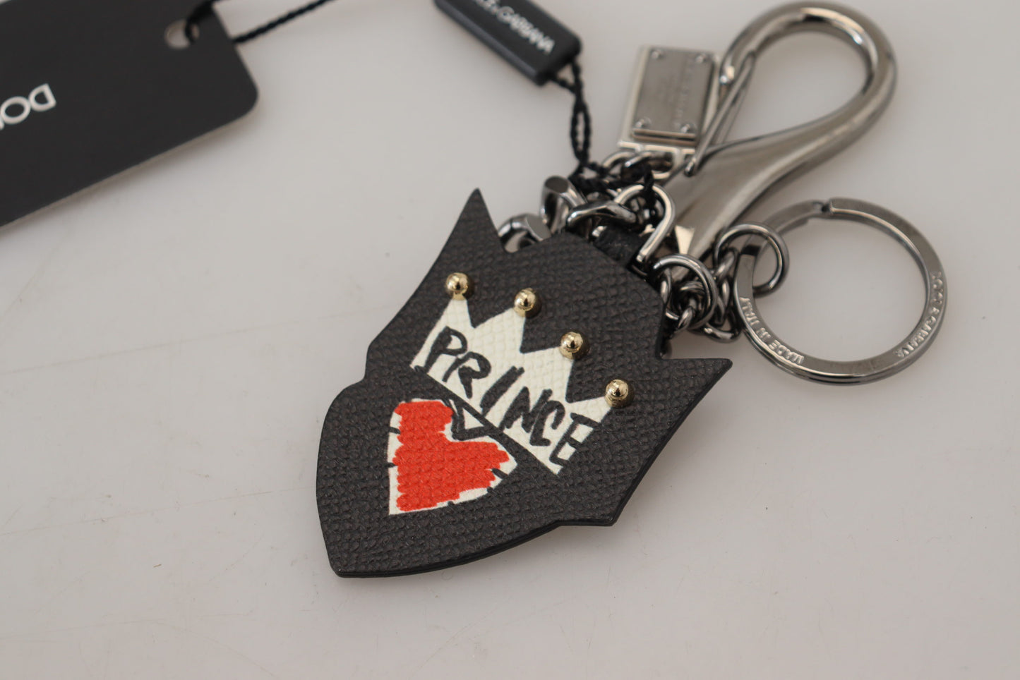 Dolce & Gabbana Black Prince Studs Logo Silver Brass Keychain Curated Luxury Accessories by Orvyn