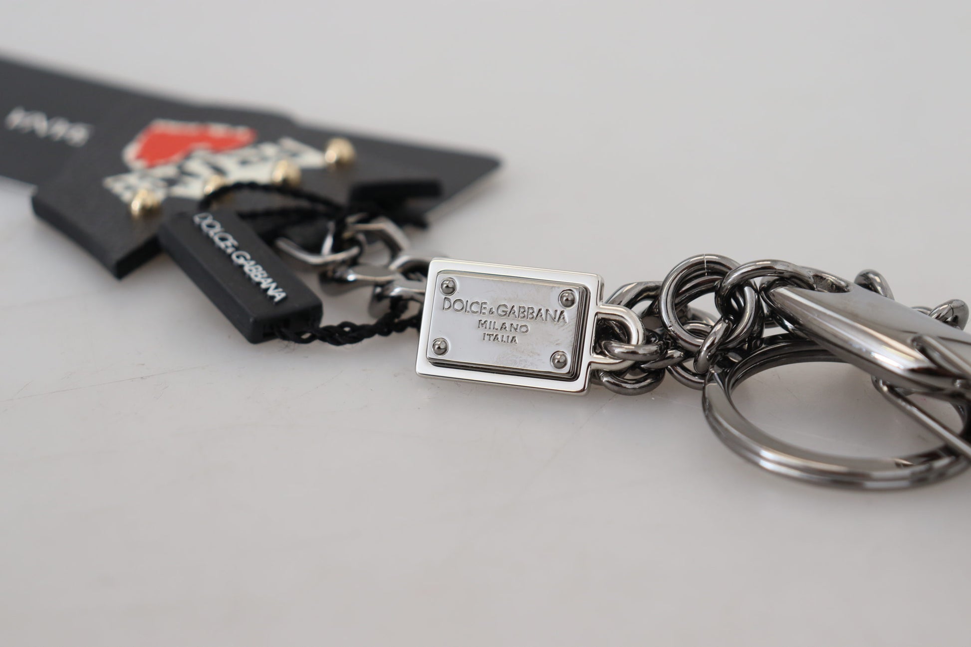Dolce & Gabbana Black Prince Studs Logo Silver Brass Keychain Curated Luxury Accessories by Orvyn