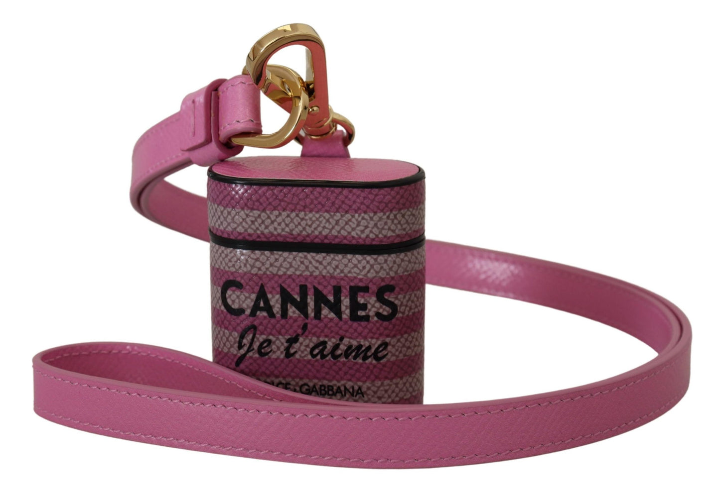Dolce & Gabbana Pink Black Leather Strap Gold Metal Logo Airpods Case Curated Luxury Accessories by Orvyn