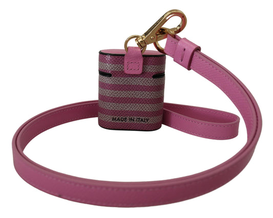 Dolce & Gabbana Pink Black Leather Strap Gold Metal Logo Airpods Case Curated Luxury Accessories by Orvyn