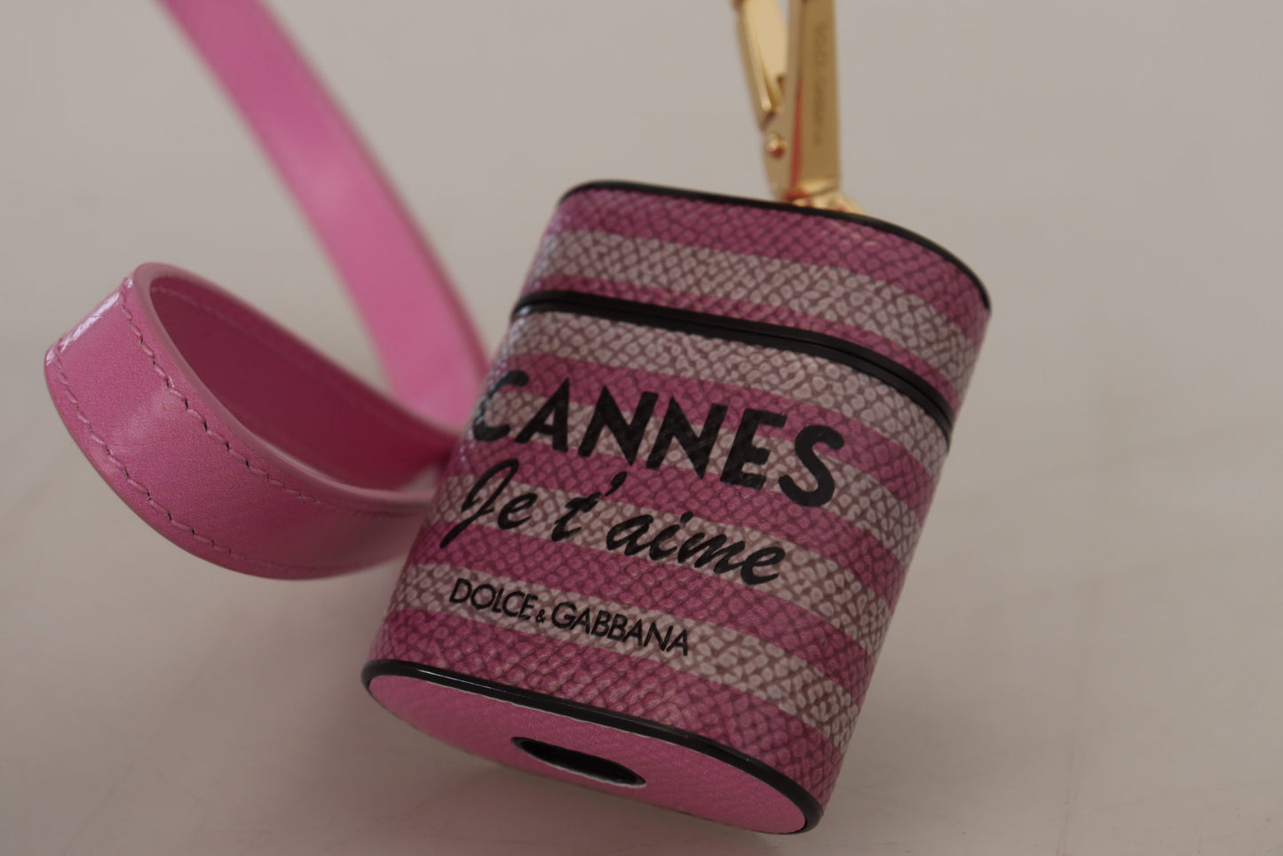 Dolce & Gabbana Pink Black Leather Strap Gold Metal Logo Airpods Case Curated Luxury Accessories by Orvyn