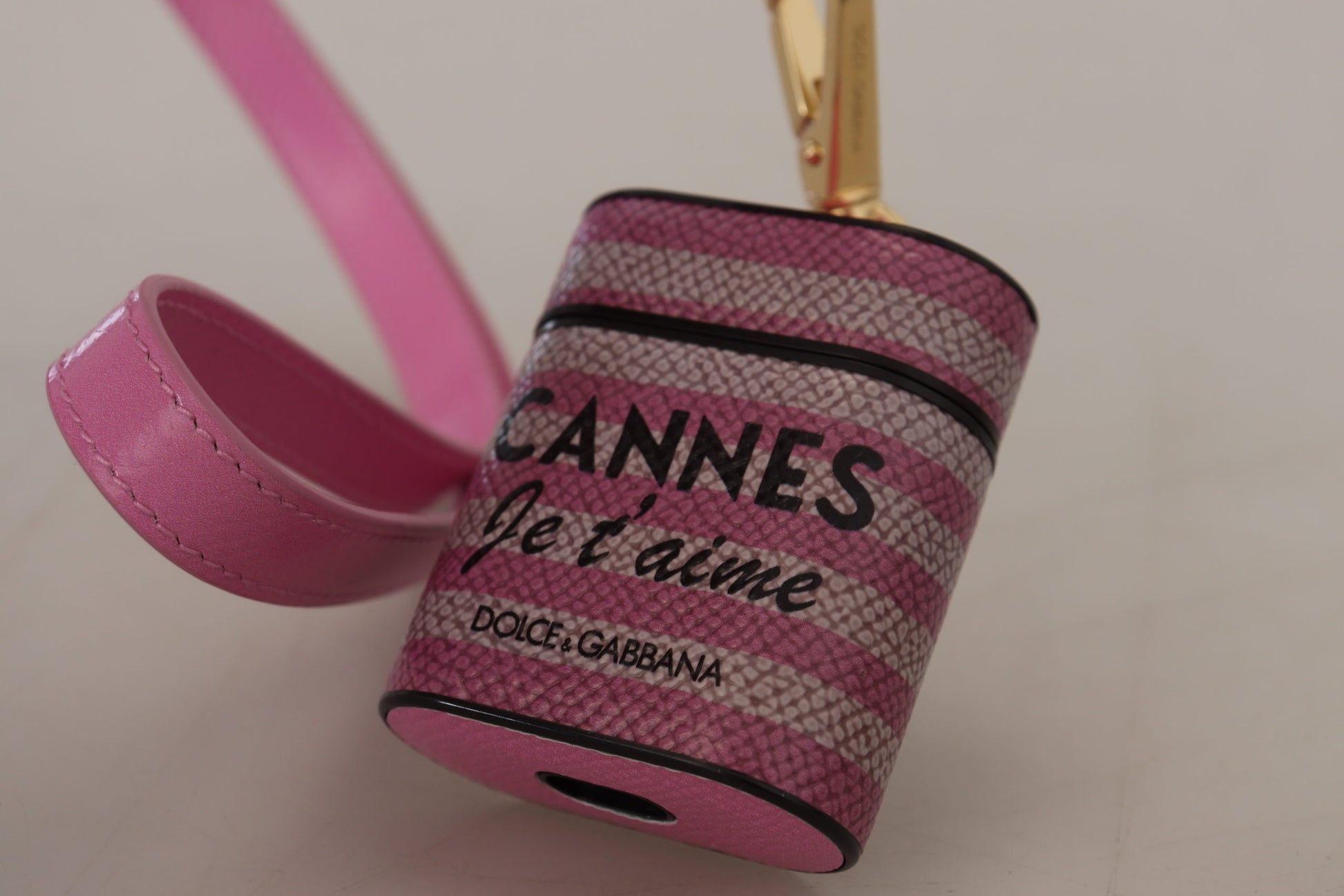 Dolce & Gabbana Pink Black Leather Strap Gold Metal Logo Airpods Case Curated Luxury Accessories by Orvyn
