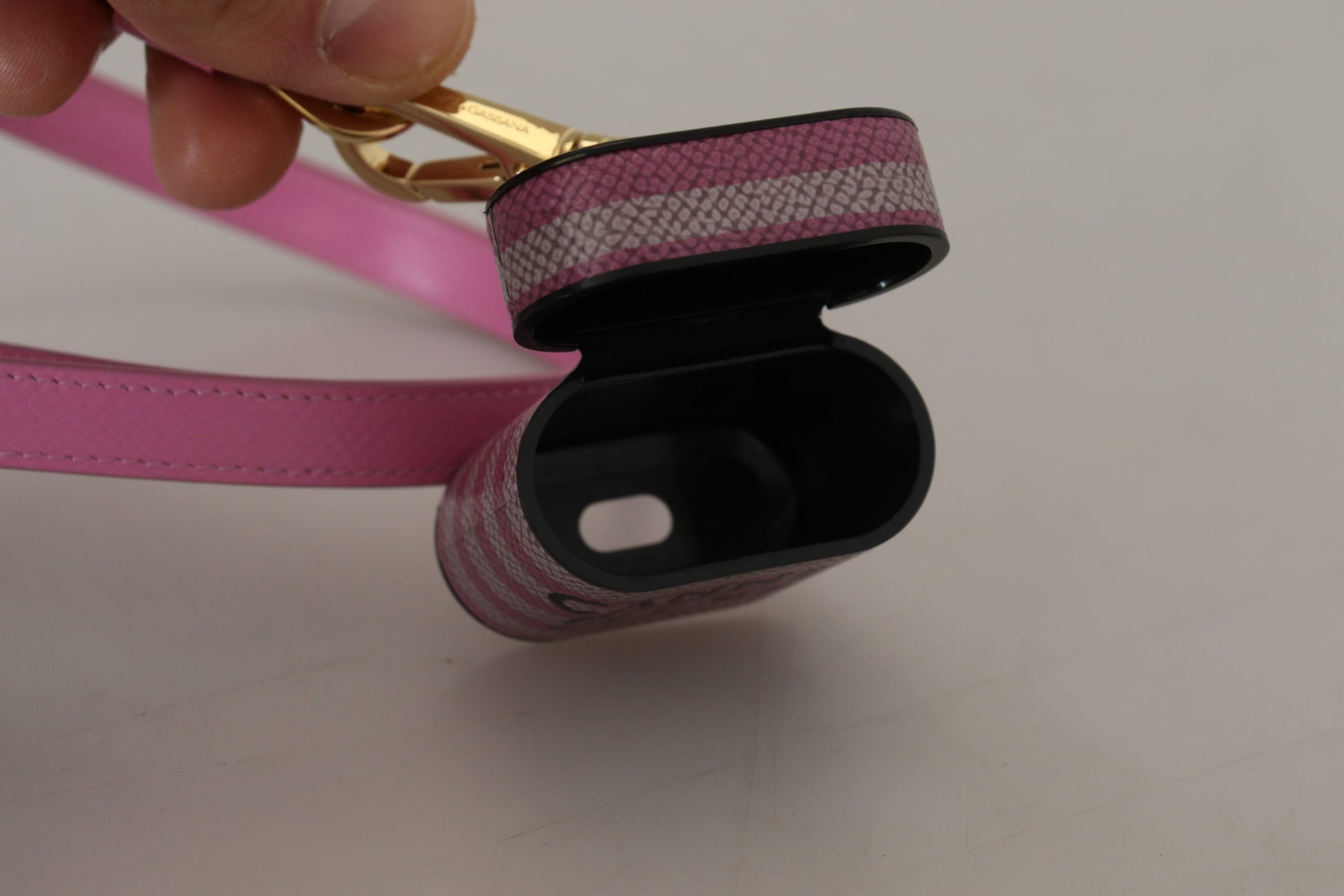 Dolce & Gabbana Pink Black Leather Strap Gold Metal Logo Airpods Case Curated Luxury Accessories by Orvyn
