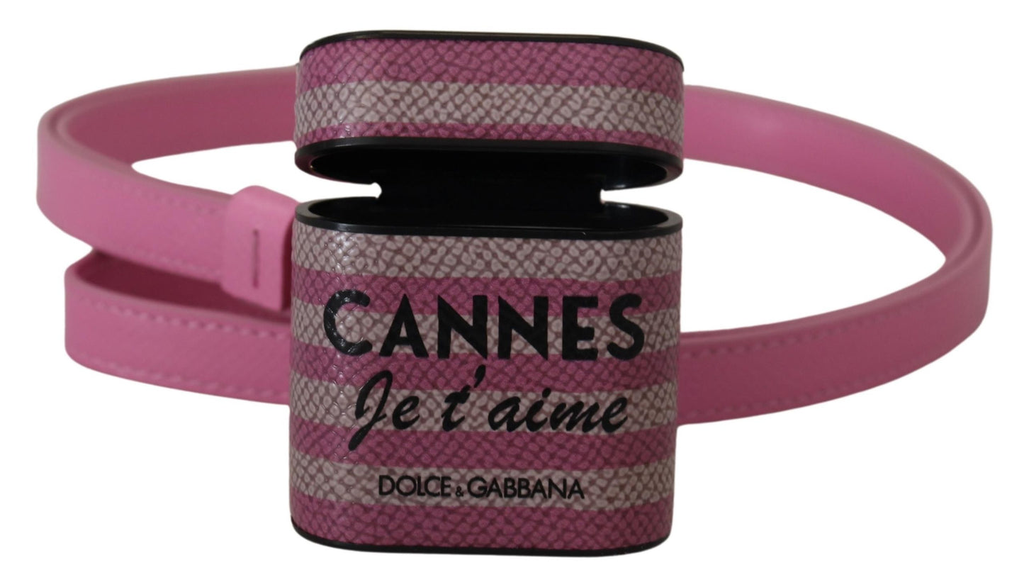 Dolce & Gabbana Pink Black Leather Strap Gold Metal Logo Airpods Case Curated Luxury Accessories by Orvyn