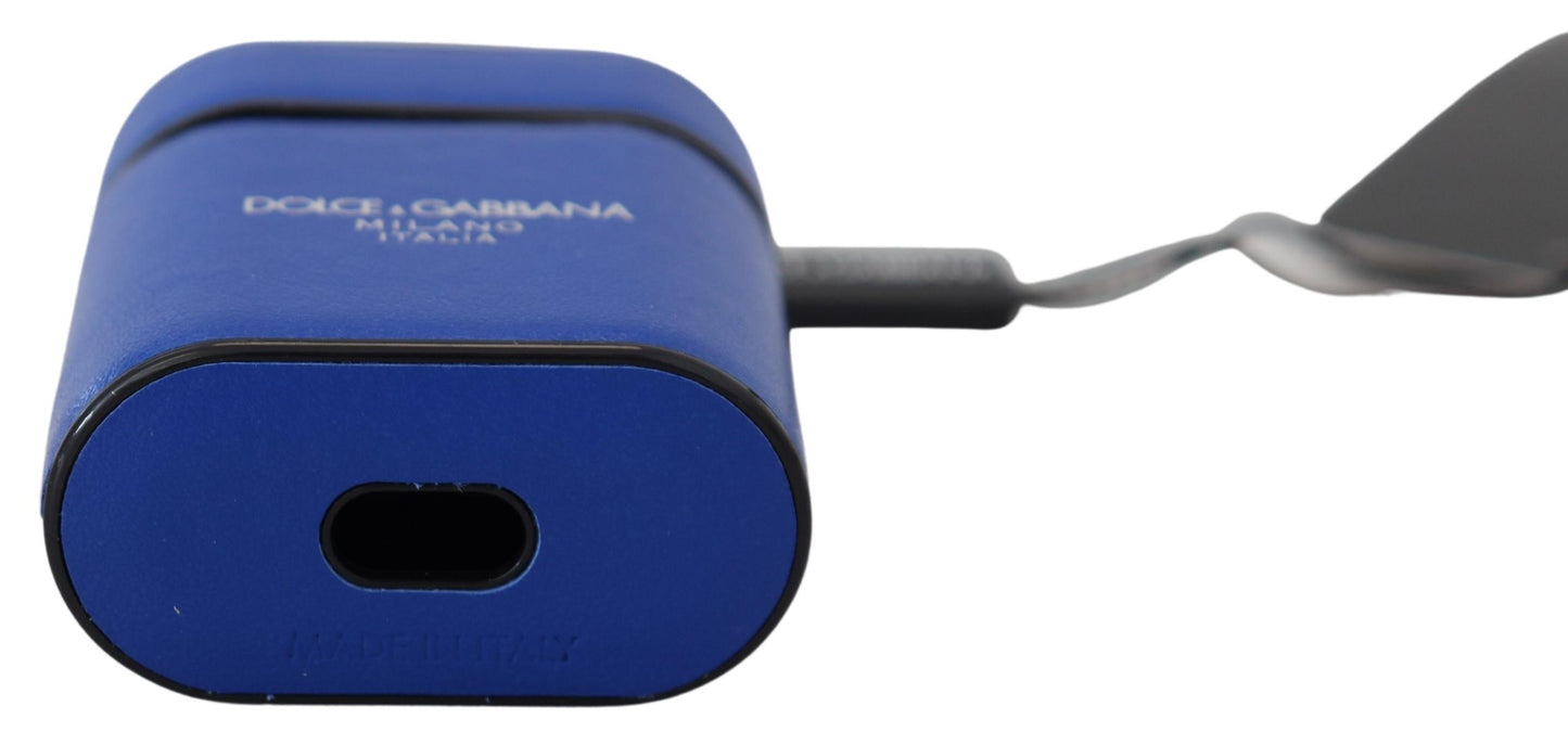 Dolce & Gabbana Blue Leather Silver Metal Logo Airpods Case Curated Luxury Accessories by Orvyn