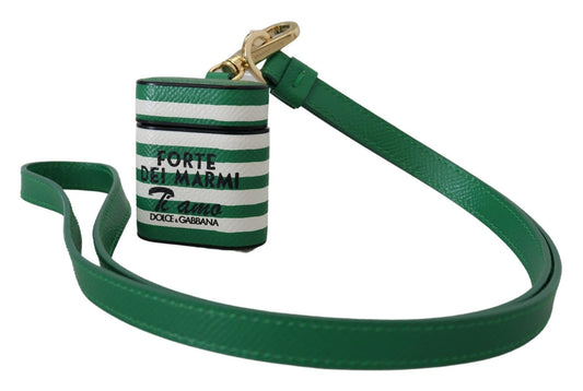 Dolce & Gabbana Green Leather Strap Gold Metal Logo Airpods Case Curated Luxury Accessories by Orvyn