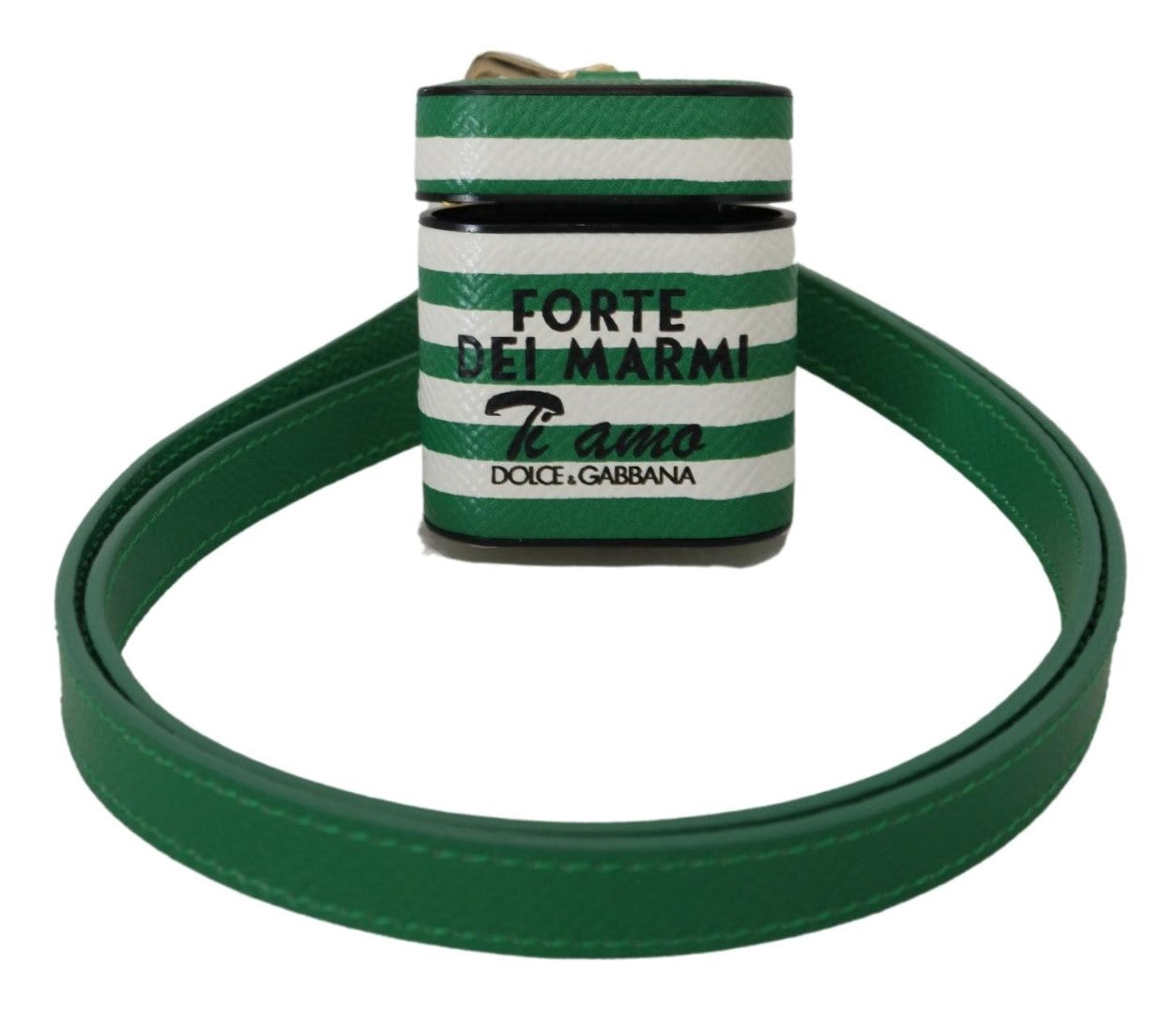 Dolce & Gabbana Green Leather Strap Gold Metal Logo Airpods Case Curated Luxury Accessories by Orvyn