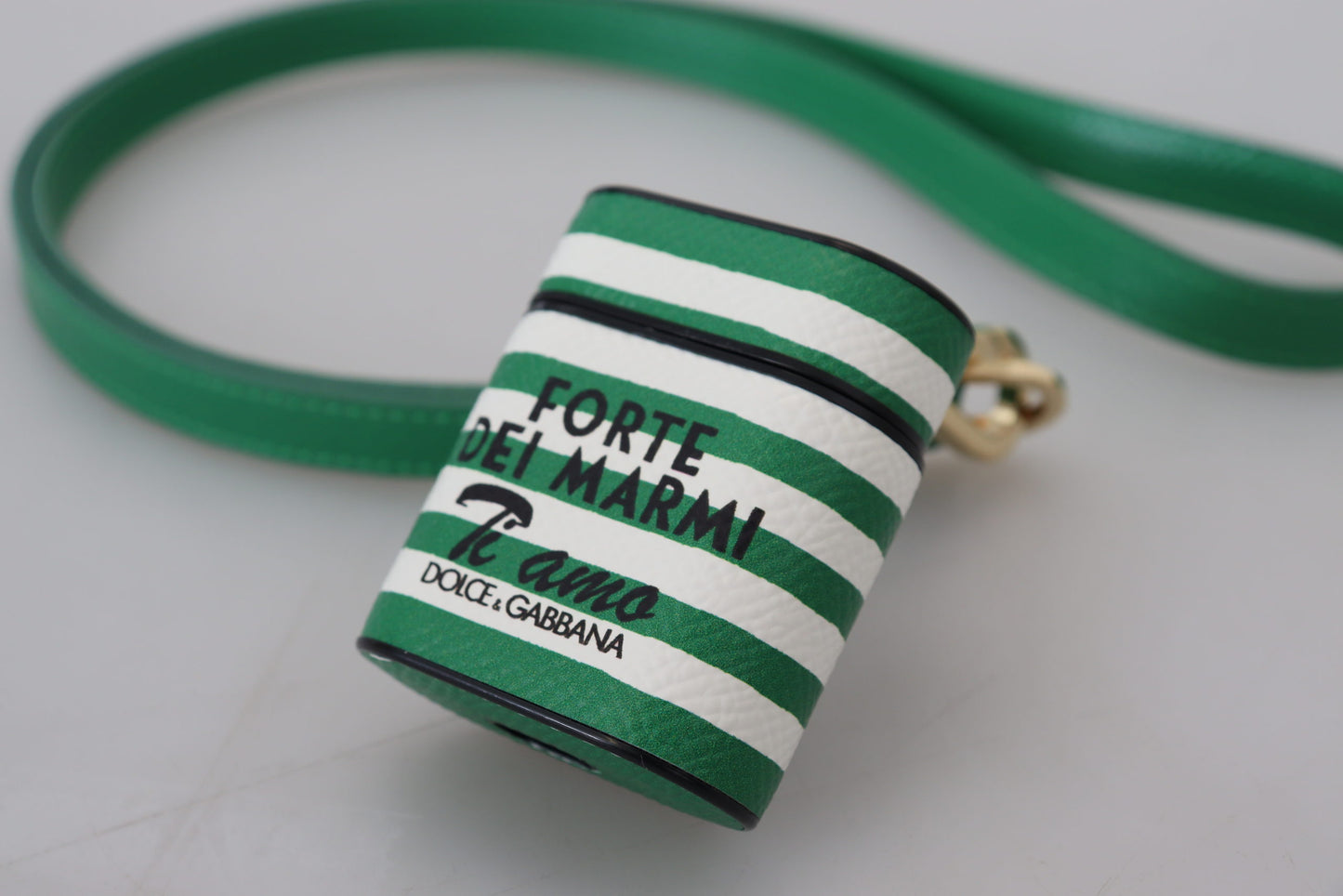 Dolce & Gabbana Green Leather Strap Gold Metal Logo Airpods Case Curated Luxury Accessories by Orvyn